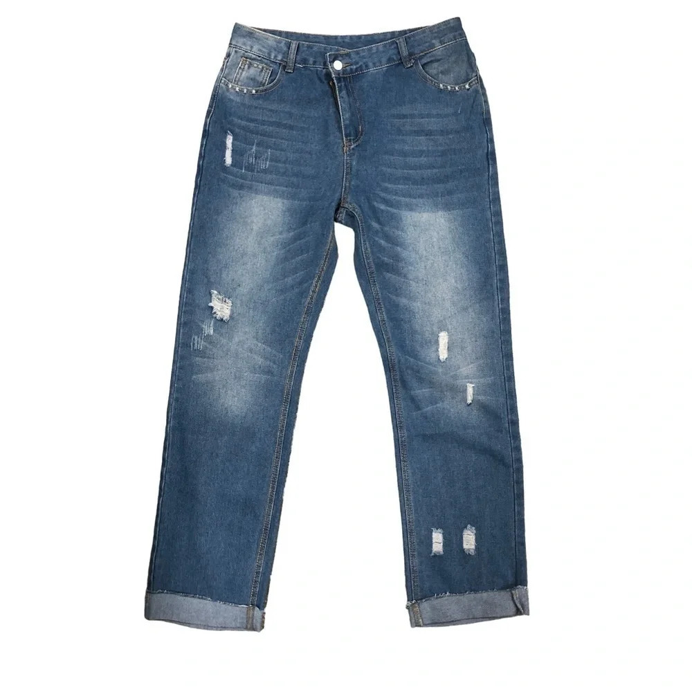 NWT NXH Distressed Jeans Womens size Large Crossover Button/Zipper‎